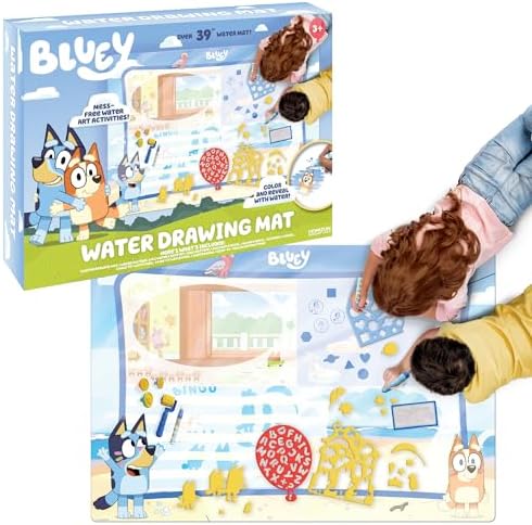 Bluey Water Drawing Mat - Mess-Free Water Art with Stamps, Stencils, and Reusable Accessories for Toddlers