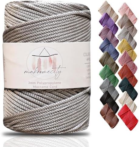 Makromecity, Premium Polyester Macrame Cord 3mm x 131 Yards (394 feet) 3mm Polypropylene Light Grey Macrame Cord Crochet Macrame Bag Cord Crafts for Wall Hangings, Bags, Underplate, Rug