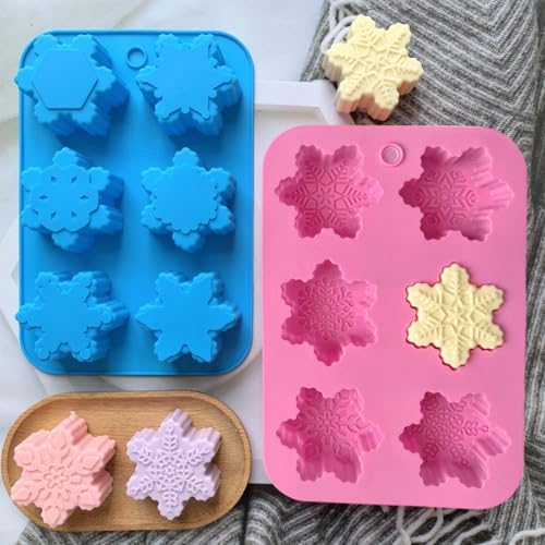 2 Pcs Snowflake Silicone Candle Soap Molds for Christmas Baking Chocolate Candy Cake Pan Cookie Jelly Muffin Ice Cube Trays Baking Moulds DIY Bath Bomb Molds Decoration (Blue Pink)