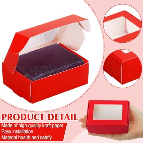 Zonon 60 Pcs Soap Boxes for Homemade Packaging, Mini Kraft Boxes with Window for Bakery Candy Soap Making Gift Packaging, 3.7x2.6x1.4 Inch (Red)