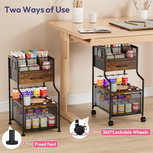 SWTYMIKI Under Desk Storage Cart- Art Storage Cart with Drawers & DIY Divider - Office Cart Organizer Under Desk Shelf, Craft Rolling Cart for Office, Craft Room & Studio Espresso