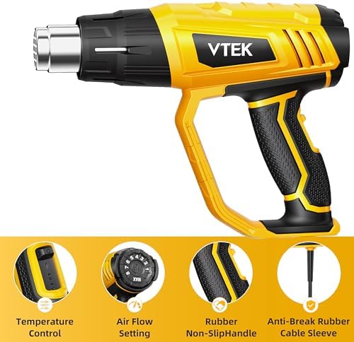 VTEK Heat Gun 1800W Hot Air Gun140℉-1202℉ Fast Heating Variable Temperature Control with 4 Nozzles for Shrinking PVC,Stripping Paint,Vinyl Wrap