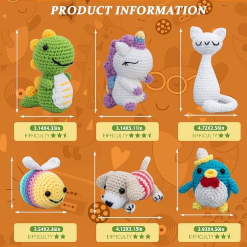 Crochet Kit for Beginners – 6 PCS Crochet Animal Kit, Knitting Beginners Kids Kit with Step by Step Videos, Yarn, Crochet Hook, Great Birthday Holiday Gift (Knitting Kit 2)