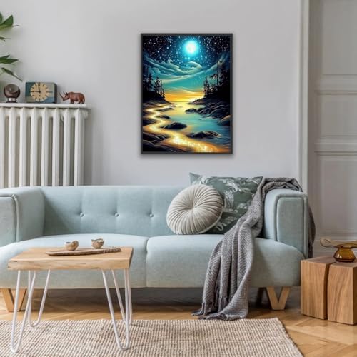 DIYDECORFUN Moon Beach Diamond Art Kit for Adults,5D Full Drill Round Diamond Dot Painting for Beginners,DIY Paint with Diamond Beach Gem Art Painting Adult Crafts for Wall Decor 12x16Inch