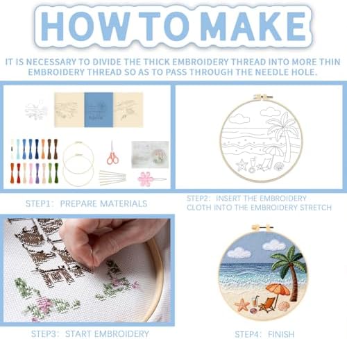 FREEBLOSS 4 Set Embroidery Kit for Beginners Adult Beach Stamped Embroidery Starter Kit with Instructions Needlepoint Accessories and Supplies for Craft Lover Hand Stitch, 2 Hoops 11.6"/29.5cm