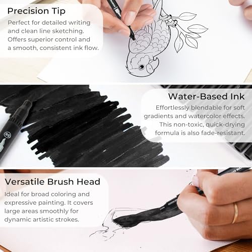 Black Duo Tip Marker Pens, 12 Fine & Brush Tip Pen For Adult Coloring Books