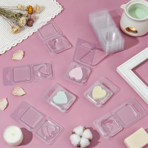 BENECREAT 60 Pack Wax Melt Molds, Clear PET Wax Melt Clamshells with Foldable Design, Heart Candle Making Molds for Wickless Candles and Soap Making