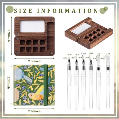 Qilery Mini Portable Watercolor Palette Set Wooden Grid Paint Box Watercolor Paper Sketch Book Brush Pens with Binder Clip for Painters Artist Not Include Paint(Bird)