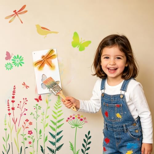 14 Pcs Plant & Wildflower Stencil Set for Painting, Large Botanical Painting Templates - Leaf, Dragonfly, Wildflower Nature Crafts Kit for DIY Furniture Wall Murals, Wood Signs, Home Decor