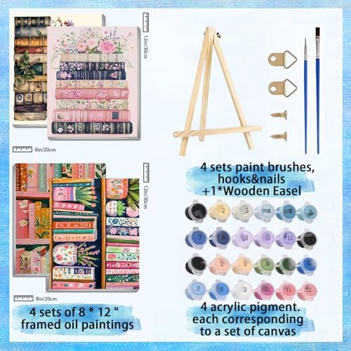 4 Pack Books Paint by Numbers for Adults with Framed Canvas 8x12inch