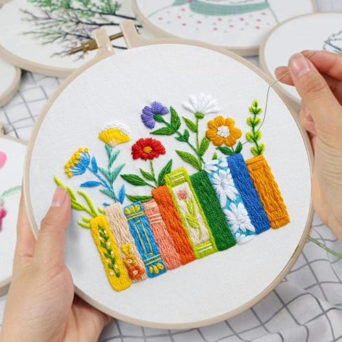 Louise Maelys Book and Flowers Embroidery Kit Canvas Tote Bag for Beginners