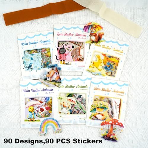 90 Pcs Rainy Day Animal Stickers for Scrapbooking and Journaling