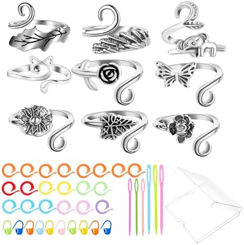 HUISUYTON 9PCS Crochet Ring for Finger with 30 Stitch Markers & 6 Needles