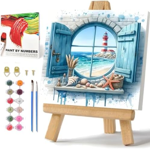 Beach Paint by Numbers Kit for Adults Beginner, Paint by Numbers 10x10 Inch | Framed Paint by Numbers Kit for Adults Beginner with Easel, Acrylic Painting by Numbers, DIY Crafts for Gifts or Home Decor