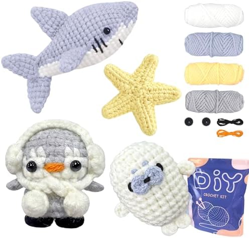 YAMAXIN Crochet Kit for Beginners – Ocean Animal Amigurumi DIY Yarn Kit with Step-by-Step Instructions, Tools & Soft Yarn – 4 Pack Crochet Kit Gift for Adults, Teens & Kids