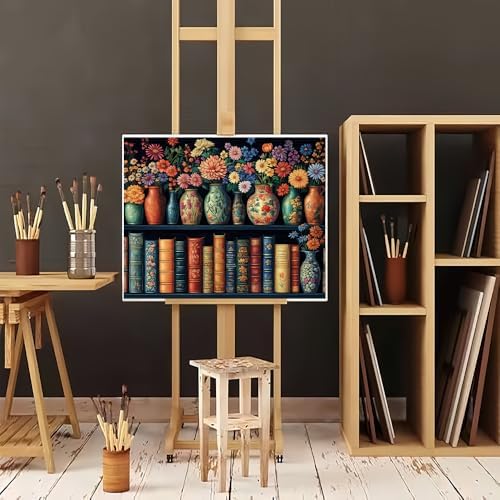 Natuyalo Paint by Numbers for Adults Bookshelf and Vases Painting by Numbers Kits Acrylic Painting on Canvas with Brushes and Pigment DIY Paint by Numbers for Home Decor 16x20 Inch