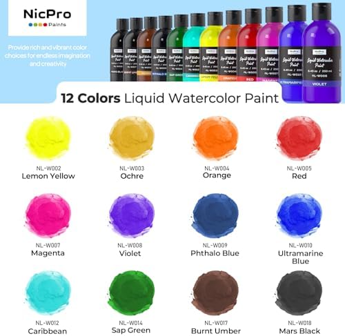 Nicpro 12 Colors Liquid Watercolor Paint Set, 8.45oz Large Bulk Water Color