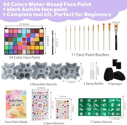 54 Color Face Painting Kit - Non-Toxic Water Based Face and Body Paint Set with Brushes, Stencils, Sponges - For Sensitive Skin, Halloween, Carnival, Birthday Parties, Festivals & Events.