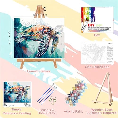 Sea Turtle Paint by Numbers for Adults with Framed Canvas-with Wooden Easel