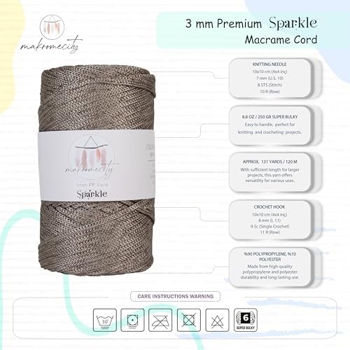 Makromecity Sparkle Polypropylene Macrame Cord 3mm x 131 Yards (394 feet) Premium Polyester Macrame Cord for Macrame Art & Crafts for Wall Hangings, Bags, Underplate, Rug