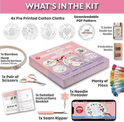 Moni Crafts Adult Beginner Embroidery Kit – 4 Pre-Printed Patterns (Flower, Mushroom, Floral, Heart) – Learn 41 Stitches, Hand Embroidery Starter Craft Set