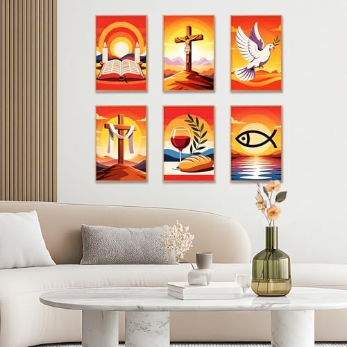 6 Pack Paint by Numbers Kit for Adults, Christian Painting, 8x12 Inch | DIY Adult Paint by Number Kits on Canvas for Beginners, without Frame, ReligionHome Wall Decor, Stress Relief Craft Gift
