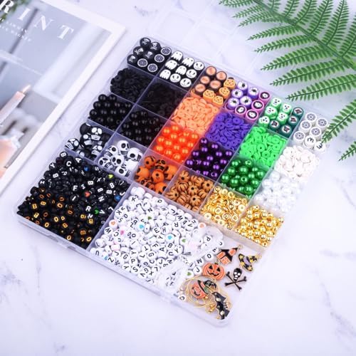 BBita 2088pcs Halloween Polymer Clay Beads Bracelet Making kit, 24 Style Cute Fun Beads Skull Pumpkin Beads Charms for Jewelry Necklace Earring Making DIY Accessories for Women Girls