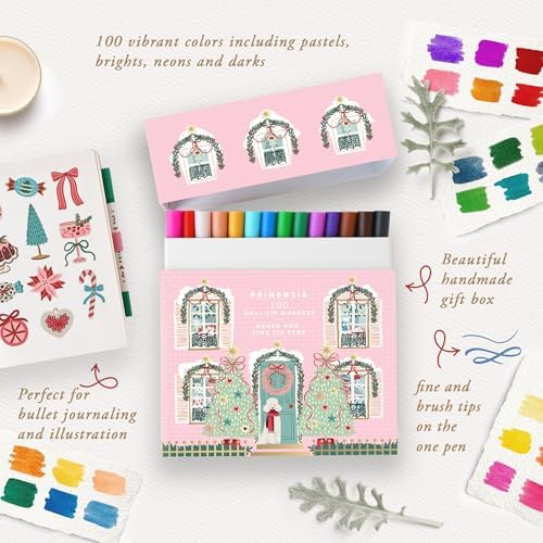 Primrosia 100 Dual Tip Marker Pens, Fineliner and Watercolor Brush Pens for Art Sketching Illustration Calligraphy or Journals Drawing Coloring (Christmas House)