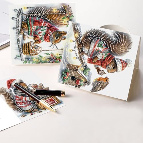 antor 6-Pack Squirrel Christmas Diamond Painting Cards – DIY Diamond Art Greeting Card Kit with Envelopes, Holiday Rhinestone Craft for Adults