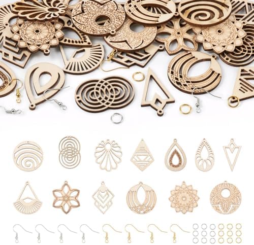 Elecrelive 26Pcs Kite Rhombus Wooden Charms Flower Wood Filigree Charms