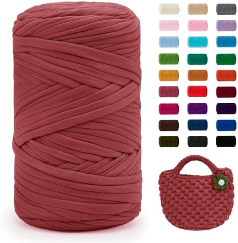 JeogYong T-Shirt Yarn, 400g/131 Yards Elastic Fabric Crochet Cloth T Shirt Yarn, Thick Hand Knitting Polyester Fabric Ribbon for Crocheting Bags/Baskets/Rugs, Home Decor, DIY Crafts (Leather Pink)