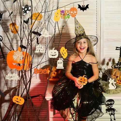 80PCS Wooden Halloween Ornaments to Paint Fall Decorations,10 Styles DIY Blank Autumn Unfinished Wood Skull Pumpkin Ghost Bat Boo Trick or Treat Halloween Cutouts Ornament for Crafts Party Hanging