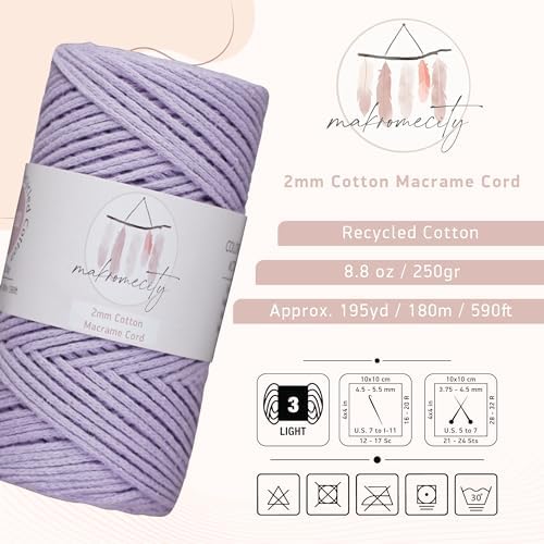 Makromecity, Cotton Macrame Cord 2mm x 195 Yards (590 feet) 2mm Recycled Cotton Crochet Yarn for Macrame Art & Crafts for Wall Hangings, Bags, Underplate, Rug (25 Colors Available) (Lilac)