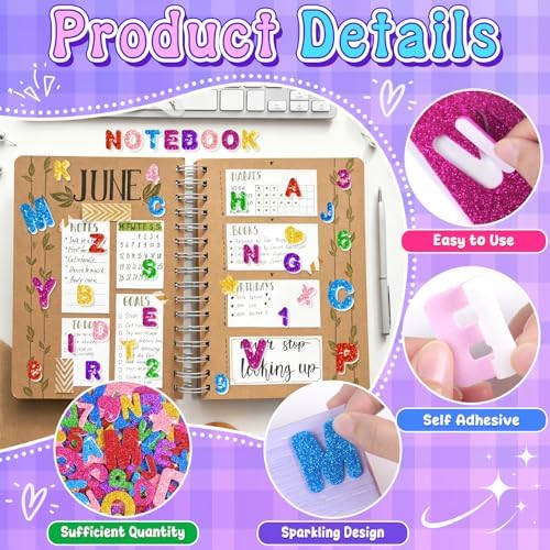 616 PCS Glitter Foam Letter Stickers,Foam Alphabet Number Stickers,8 Colors