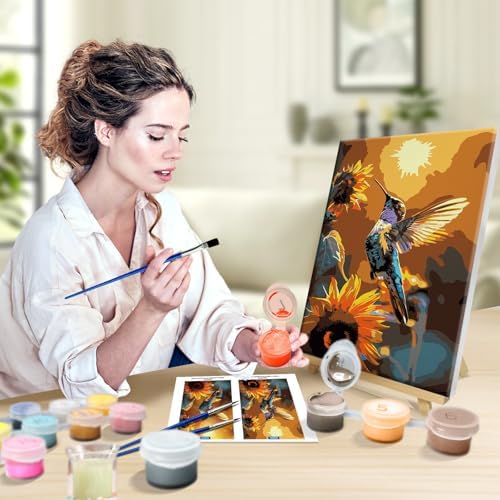 JOOZ Paint by Numbers Kit for Adults with Frame, Hummingbird Paint by Number with Easel, DIY Hummingbird Oil Painting by Numbers, Adult Paint by Number Kits Framed Canvas for Wall Decor 8x12 Inch