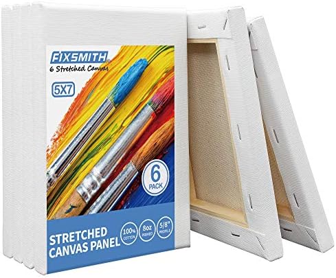 FIXSMITH Stretched White Blank Canvas- 5x7 Inch,6 Pack,Primed,100% Cotton,5/8 Inch Profile of Economy Value Pack for Acrylics,Oils & Other Painting Media.