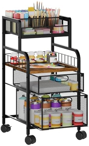 SWTYMIKI Rolling Cart with Drawers - Metal Craft Cart with Wheels, DIY Divider and Wood Shelf, Art Supply Organizer for Under Desk Storage, Utility Storage Cart for Home Office Studio, Espresso