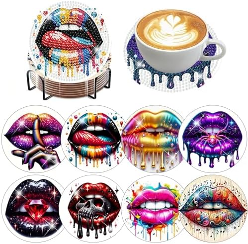 8 Pack Diamond Art Coasters,Sexy lips Diamond Painting Coasters Kits