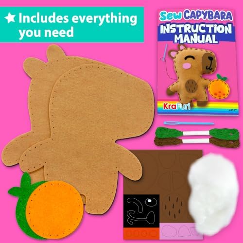KRAFUN Beginner Sewing Kit, Sew Capybara & Orange, Pre-Cut Felt, Ages 5+