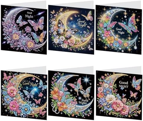 antor 6 Pcs 5D Rhinestone Painting Greeting Cards Kits, Handmade Festival Greeting Cards with Envelopes Holographic Shimmer Design DIY Diamond Art Crafts Birthday Cards for Adults (Butterfly Moon)