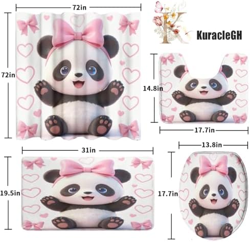 Girls Cute Baby Panda 4Pcs Shower Curtain Sets,Cartoon Lovely Animal Panda Bears Bathroom Decor Set,Princess Style Pink Bow Kawii Toilet Lid Rug, Bath Mat and Contour Mat