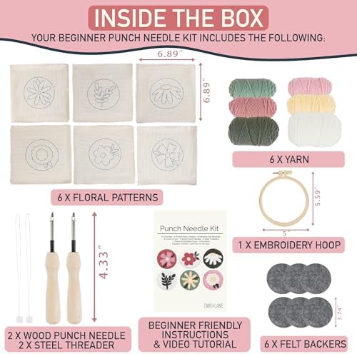 Emri Lane Punch Needle Kit – 6 Floral Design Punch Needle Embroidery Kit