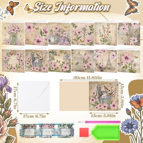 Saillong 12 Pack Vintage Floral Diamond Painting Greeting Card Kits Retro French Flower Diamond Art Cards with Envelopes Pink Flowers 5D Rhinestones Painting Kit for Adult DIY Craft Family Friend Gift