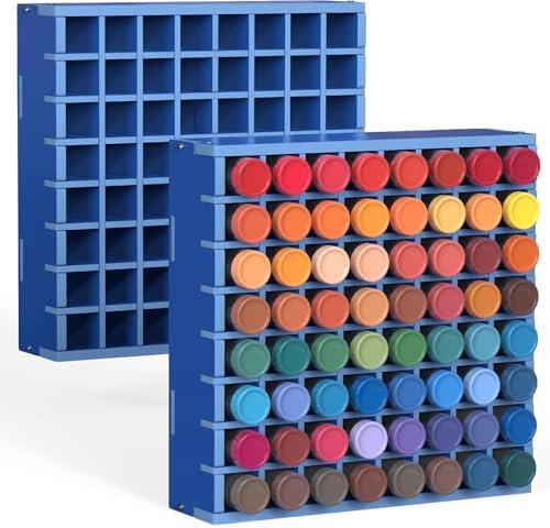 Krafetto 2 Pack 64-Grid Paint Organizer for 2 Oz Bottles, Wall Mount, Blue