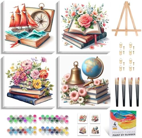 Camocin 4 Pack Framed Paint by Numbers Kit for Adults with Wooden Easel | Book Lover Artwork, DIY Canvas Painting Set, Reading Room Wall Decor, Literary Aesthetic, Beginner Friendly, 10x10 Inch