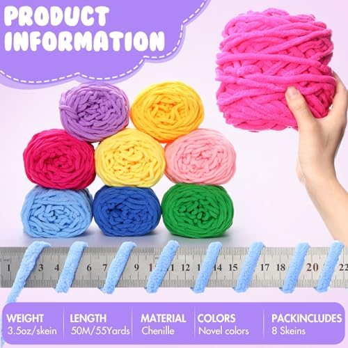 Buryeah Chunky Chenille Yarn for Crocheting, Novel Colors, 8 Pack