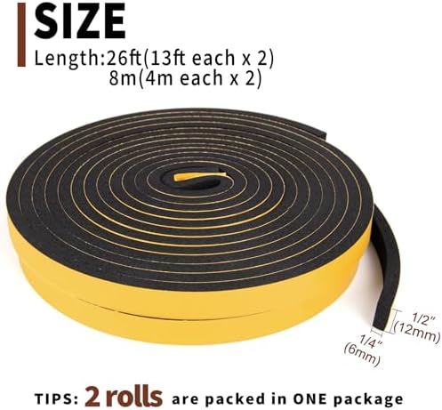 Yotache Weather Stripping Door Seal Strip 1/2 x 1/4 inch, 26Ft