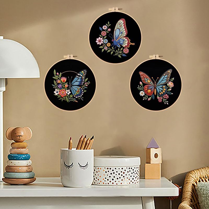 Konrisa Flower Butterfly Embroidery Kits for Adults, Stamped Embroidery Starter Kit with Hoop,DIY Sewing Needlepoint Cross Stitch Kit, Set of 3