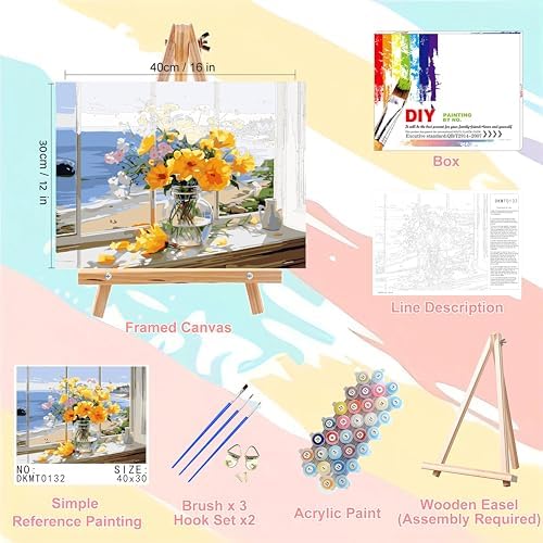 Vase Flower Paint by Numbers for Adults with Framed Canvas - Wooden Easel