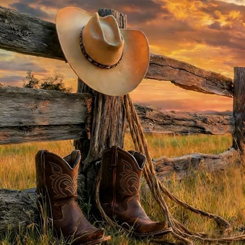 Accompany Wind Western Cowboy Diamond Art Kits for Adults,5D Cowboy Boots Diamond Painting Kits for Beginners,DIY Round Full Drill Diamonds Gem Art Crafts for Home Wall Decor Gifts 14x14 Inch